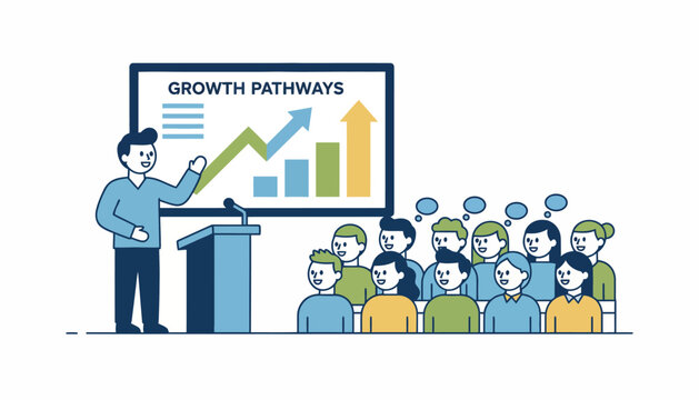 A career fair presentation showcasing growth opportunities where a speaker discusses pathways for advancement to an audience of eager listeners.
