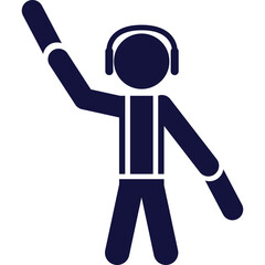 Simple Navy Blue Icon of a Stick Figure Wearing Headphones and a Reflective Vest Holding One Arm Upraised in a Motion Gesture Against a Transparent Background