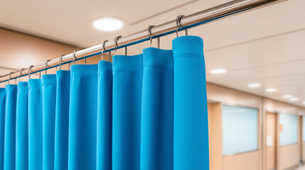 Blue privacy curtains in a hospital corridor. Medical screen divider in a modern clinic interior. Healthcare and patient confidentiality concept
