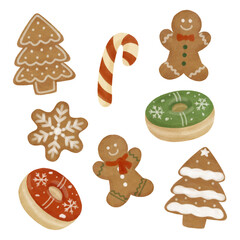 Cute watercolor Christmas food clipart with gingerbread, donut, and candy cane