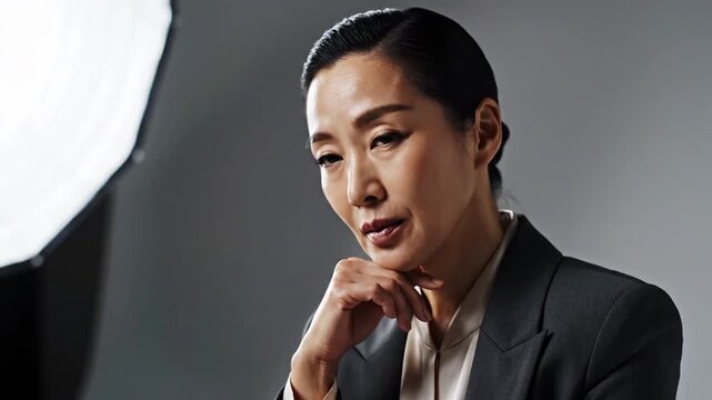 Thoughtful businesswoman in professional suit poses for portrait, showcasing elegant expression. Soft lighting highlights her features, creating atmosphere of sophistication and contemplation