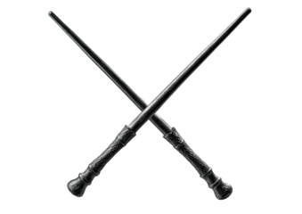 Crossed dark magic wands, ornate handles, black background