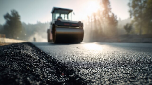 Title: Street-level detail — Fresh mat with steamroller compacting behind
