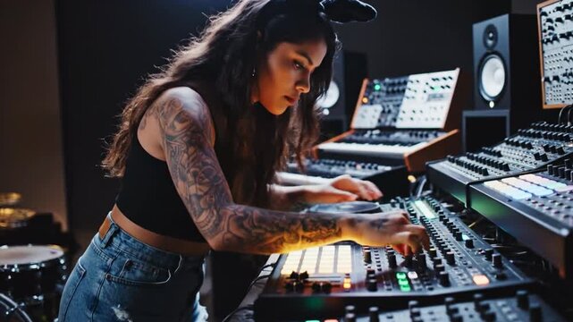Creative Woman with Tattoos Producing Electronic Music in Studio, Focusing on Synthesizer and Drum Machine, Showcasing Passion and Energetic Atmosphere