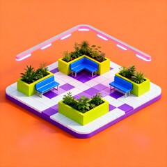 Vibrant isometric urban park concept showcasing minimalist blue benches, lush green planters, and geometric flooring under bright ambient lighting, designing a serene modern public space