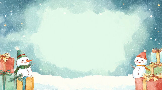 christmas poster background, cute hand-drawn style, pastel colors, snowmen and gifts on sides, childlike and fun, powerpoint background