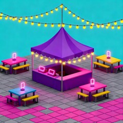 Vibrant outdoor market stall with colorful picnic tables and festive string lights creating a lively atmosphere