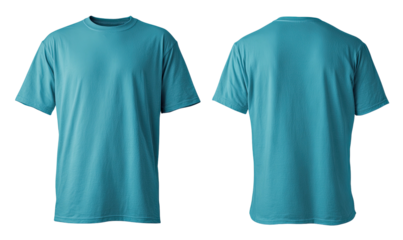 Teal t-shirt (front, back) on black. Plain, crewneck style