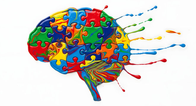 Close-up of paint splashes forming puzzle brain shape on white canvas, ADHD abstract concept