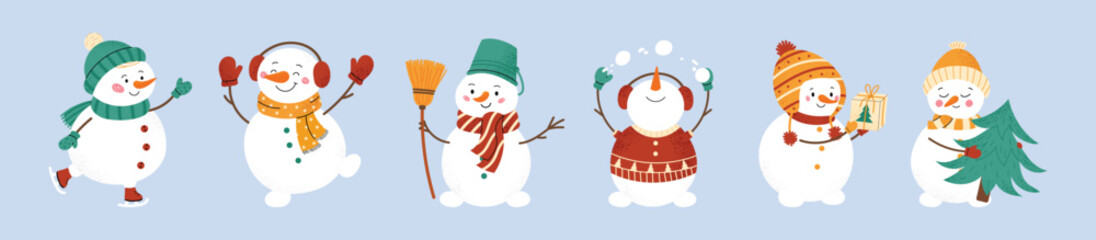 Set of cute Christmas snowmen in hats and scarves. Happy winter characters with mittens, earmuffs, broom, snowballs, gift and fir tree. Cheerful holiday collection. Flat vector illustration.