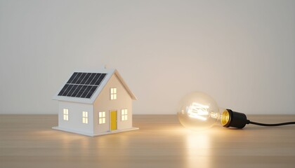 A miniature house with solar panels on its roof and a glowing lightbulb next to it, symbolizing renewable energy and home power.