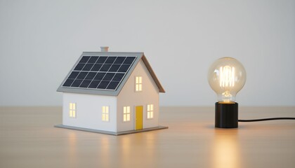Miniature house with solar panels on roof next to glowing light bulb, symbolizing sustainable energy and eco-friendly living.