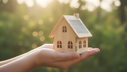 Wooden house model held in hands with a blurred green background.