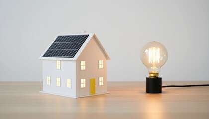 Model house with solar panels on the roof next to a lit light bulb, representing renewable home energy and sustainability.