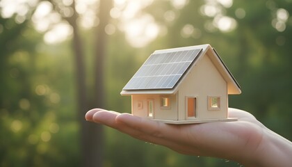 A small model house with solar panels on its roof is held in a person's hand against a blurred green natural background.