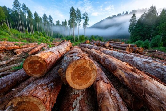 Logs lay across a forest clearing surrounded by misty trees and vibrant greenery