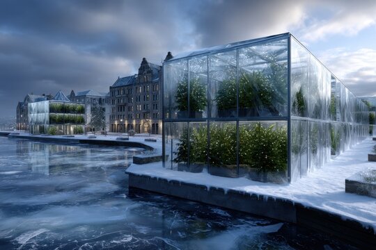 Greenhouses surrounded by ice in a winter landscape at dusk near a historic building