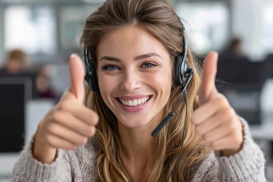 Young woman giving thumbs up in modern office during customer service call