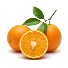 Fresh oranges, one sliced in half, with green leaves on a white background.