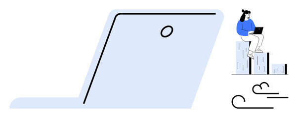 Giant laptop, person working on steps with a laptop, abstract wind lines. Ideal for freelancing, remote work, online learning, productivity, technology minimalism creativity. A simple flat metaphor