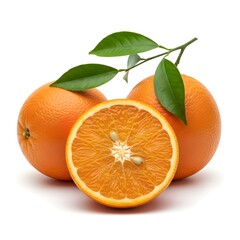 Three ripe oranges, one sliced open, with green leaves, isolated on white background.