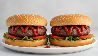Two appetizing hamburgers with beef patties, tomato slices, lettuce, and ketchup, served on sesame seed buns.