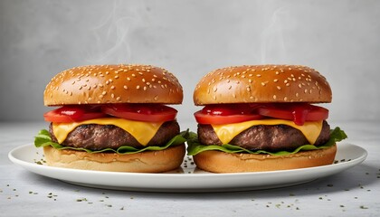 Two classic cheeseburgers with beef patties, melted cheese, fresh tomatoes, and lettuce on sesame seed buns, served on a white plate.