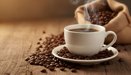 A steaming cup of hot coffee sits on a saucer surrounded by roasted coffee beans, with a burlap sack of beans in the background.
