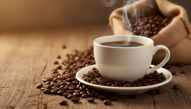 A steaming cup of hot coffee sits on a saucer surrounded by roasted coffee beans, with a burlap sack of beans in the background.