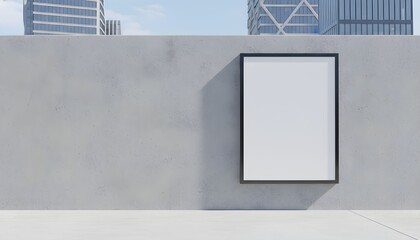 Blank poster on a concrete wall in an urban setting with skyscrapers in the background.