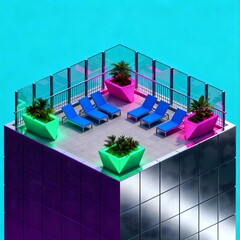 Vibrant isometric 3D rendering of a luxury rooftop terrace with blue lounge chairs and colorful planters, an urban oasis concept