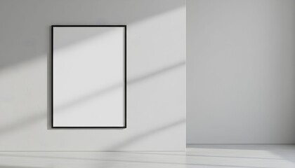 Minimalist interior with a blank vertical frame on a light grey wall and sunlight shadows.