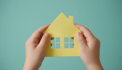 Child's hands holding a yellow paper house cutout against a plain teal background.