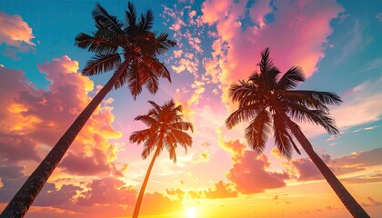 Pixelated palm trees silhouetted against a vibrant sunset sky with orange pink and blue clouds during golden hour