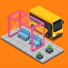 A vibrant isometric illustration of a city bus stop featuring a yellow public transport vehicle and a contemporary glass shelter with a neon pink frame