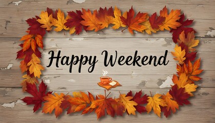 A rustic wooden background adorned with a vibrant frame of autumn leaves, featuring the text "Happy Weekend" and a small illustration of a steaming cup.