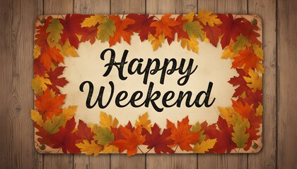 A rustic wooden sign wishing 'Happy Weekend' framed by vibrant red, orange, and yellow autumn leaves.