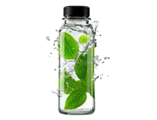 Clear bottle with water and floating green leaves