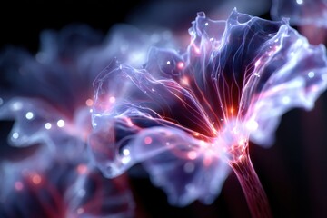 Digital art featuring vibrant glowing flowers in a dark environm