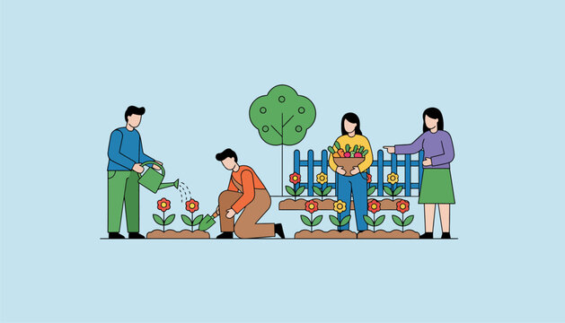 A community garden where coworkers volunteer on weekends promoting social responsibility and teamwork outside the workplace.