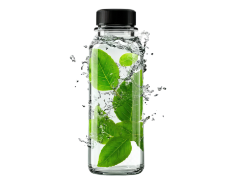 Clear bottle with water and floating green leaves