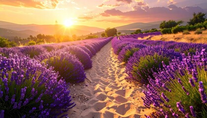 Naklejka premium Golden Hour Sunset Over A Vibrant Purple Lavender Field With Rolling Hills In The Background And A Dirt Path Leading Through The Flowers