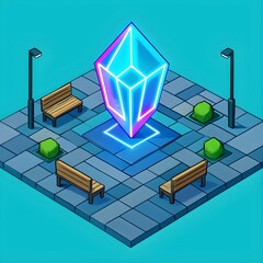 Geometric luminous crystal object emitting neon light in an isometric urban plaza with benches and streetlights