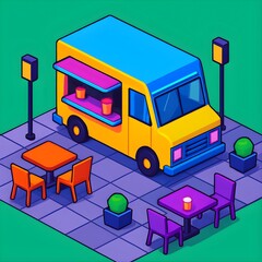 Isometric Food Truck Scene Delightful Illustration of a Food Truck with Tables and Chairs for Dining