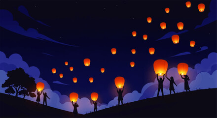 People Releasing Sky Lanterns Into Night Sky.