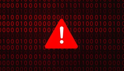 A red warning triangle with an exclamation mark against a background of red binary code.