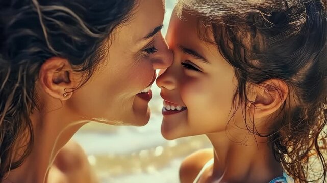 Mother and daughter on beach, hugging and kissing cheek