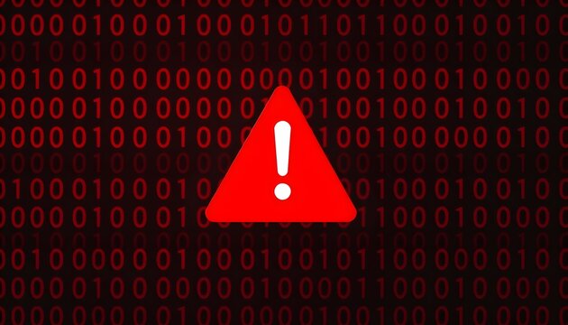 A red warning triangle with an exclamation mark against a background of red binary code.