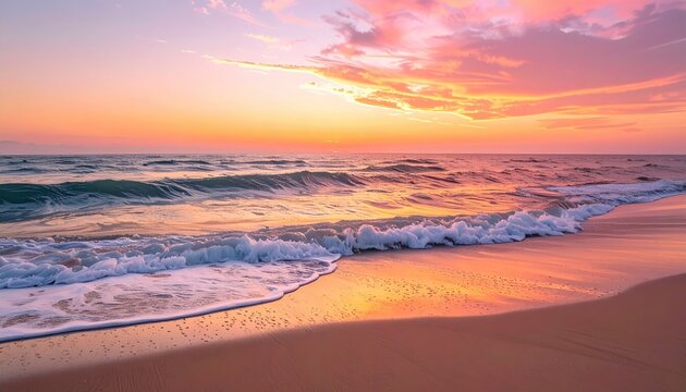 Majestic Ocean Sunset Over Sandy Beach With Gentle Waves Reflecting Vibrant Orange And Pink Sky Colors