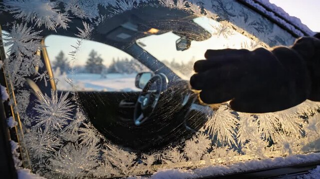 Car window frost forming decorative pattern on windshield, illuminated by golden light. Car window frost creates intricate ice crystals in subzero temperatures.